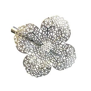Unique Silver Tone Filagree & Crystal Accents Hair Clip